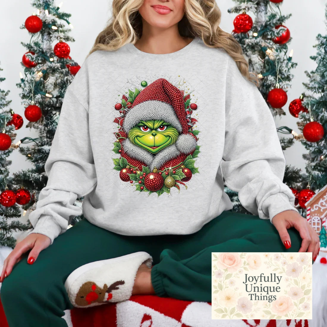 Short Sleeve T-Shirt Christmas Sequin Pearl Santa Hat Grinch Gman