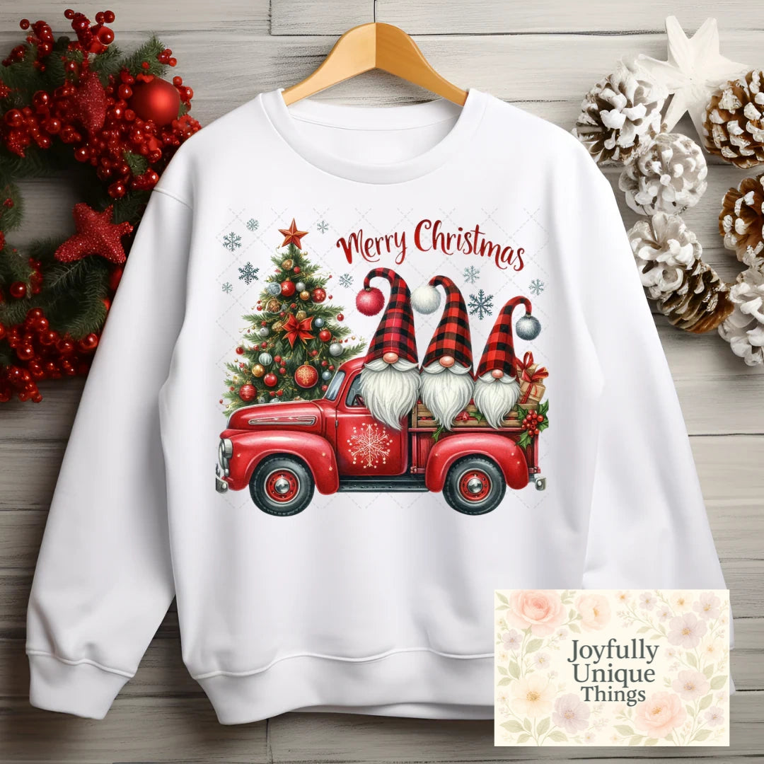 Short Sleeve T-Shirt Merry Christmas Gnomes Snowflake Christmas Tree Vintage Old Red Truck