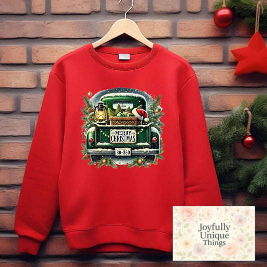 Short Sleeve T-Shirt Merry Christmas Vintage Old Green Truck With Presents Santa Hat Lantern - Joyfully Unique Things