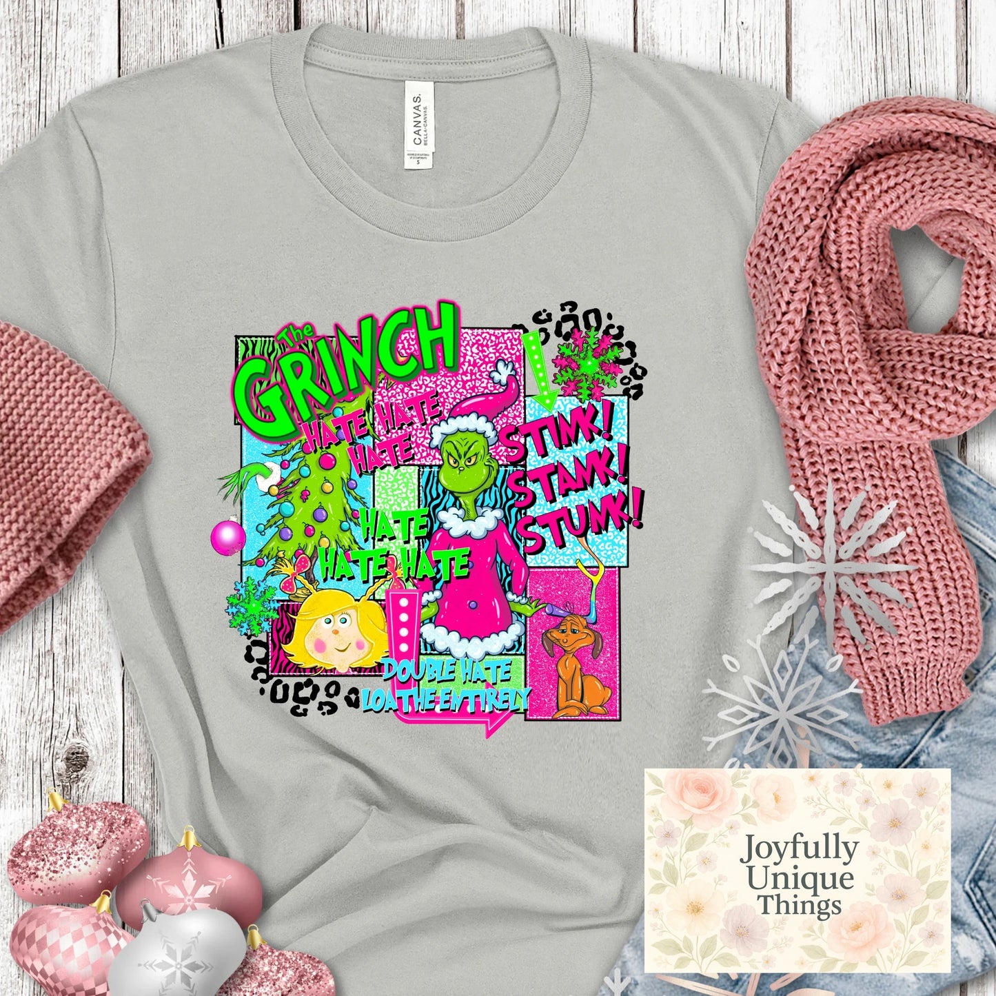 Short Sleeve T-Shirt Christmas Pink Santa Hat Christmas Tree Cindy Lou Max Grinch Gman Stink Stank Stunk Hate Hate Hate - Joyfully Unique Things