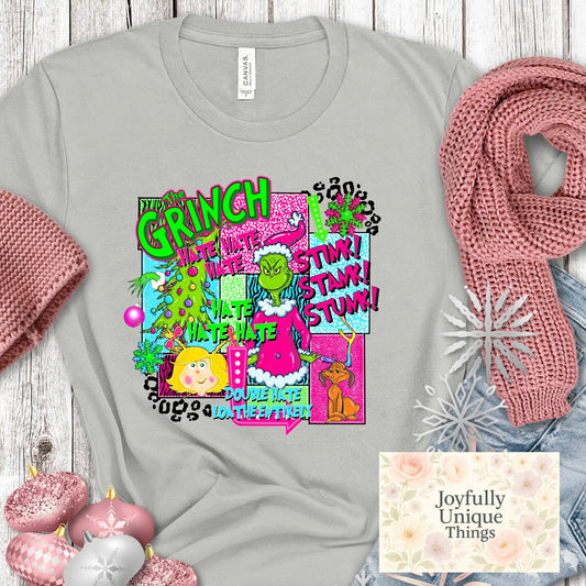 Short Sleeve T-Shirt Christmas Pink Santa Hat Christmas Tree Cindy Lou Max Grinch Gman Stink Stank Stunk Hate Hate Hate - Joyfully Unique Things