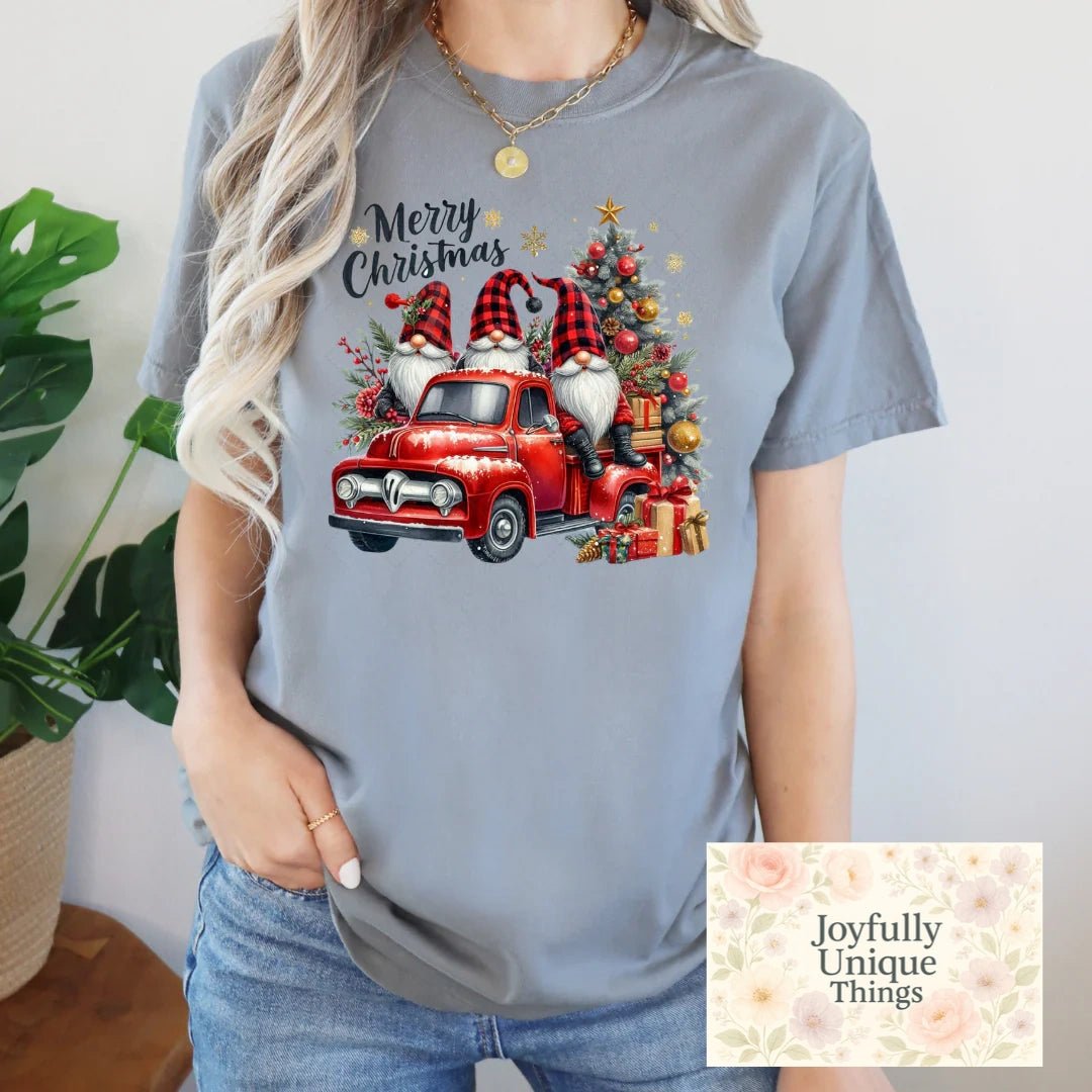 Short Sleeve T-Shirt Merry Christmas Gnomes Presents Christmas Tree Vintage Old Red Truck - Joyfully Unique Things