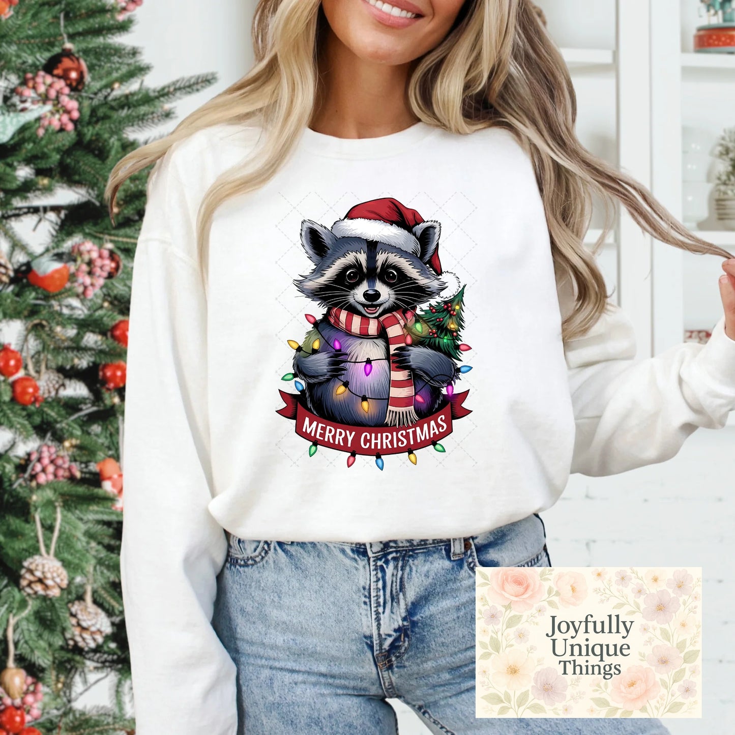 Short Sleeve T-Shirt Christmas Lights Santa Hat Raccoon Merry Christmas