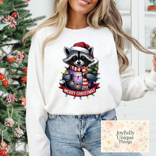 Short Sleeve T-Shirt Christmas Lights Santa Hat Raccoon Merry Christmas