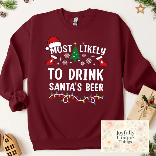 Short Sleeve T-Shirt Christmas Most Likely To Drink Santa's Beer - Joyfully Unique Things