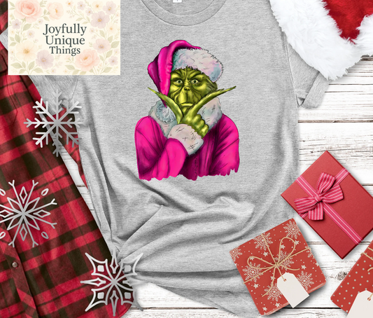 Short Sleeve T-Shirt Christmas Thinking Grinch Pink G-Man