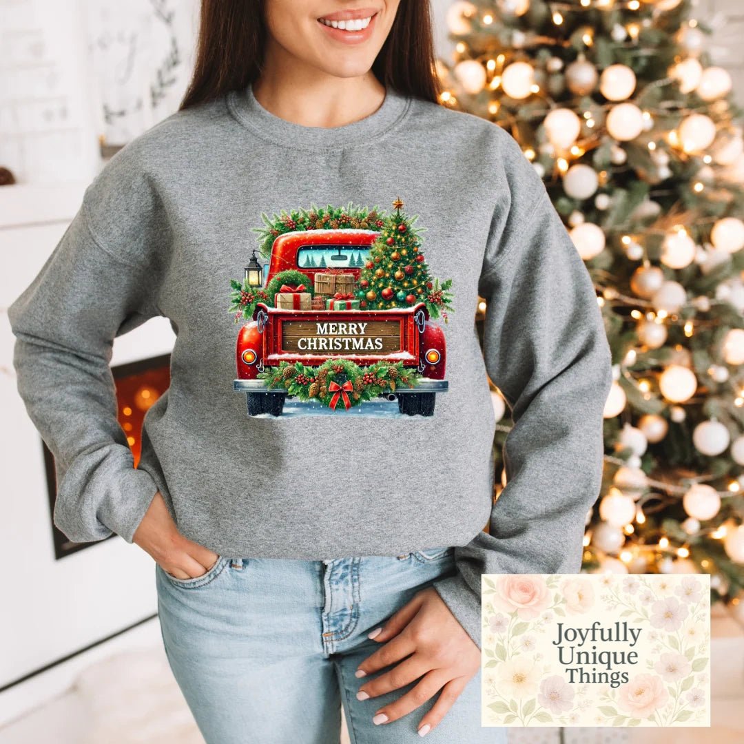 Short Sleeve T-Shirt Merry Christmas Vintage Old Red Truck Presents Christmas Tree Garland Wreath - Joyfully Unique Things