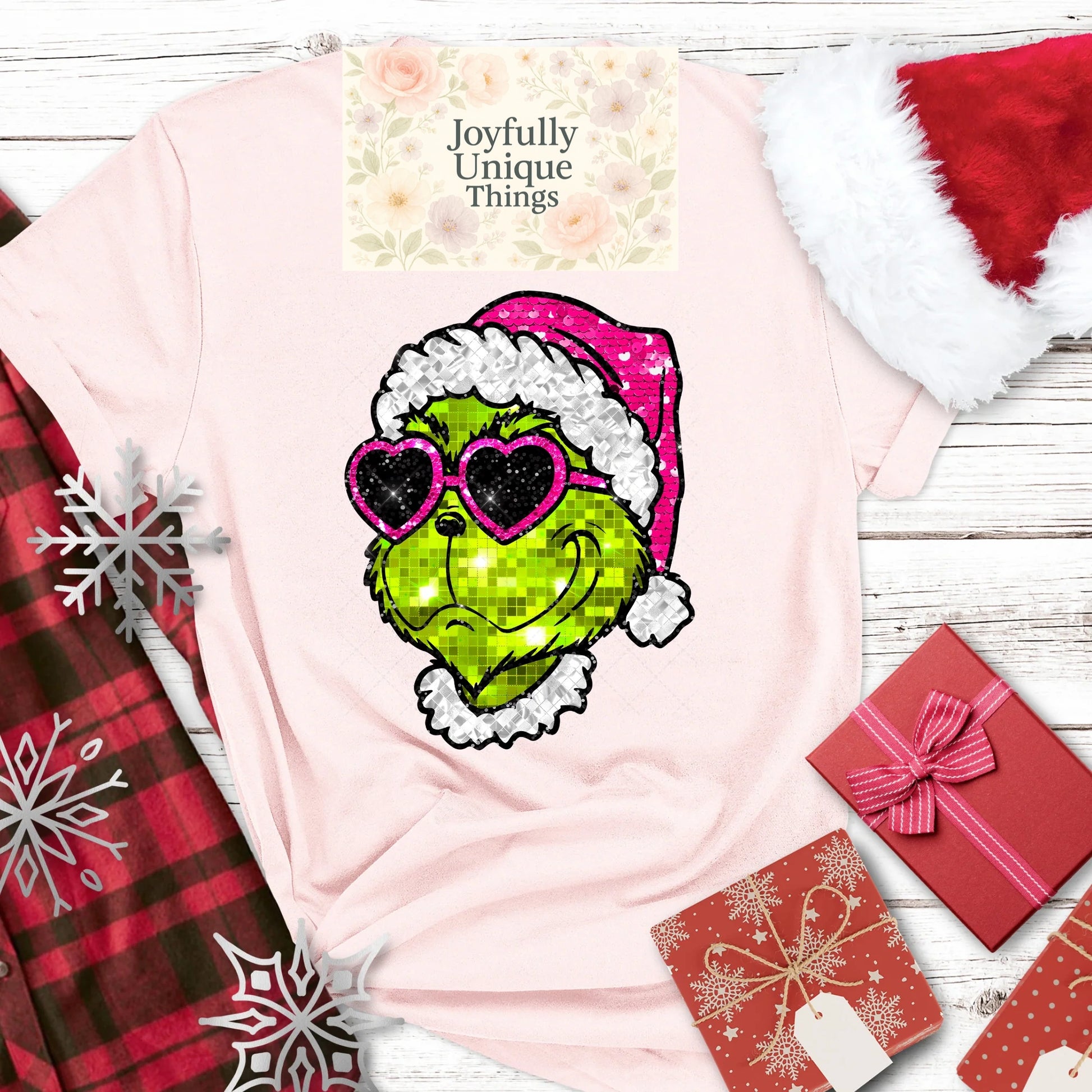 Short Sleeve T-Shirt Christmas Heart Sunglasses Glitter Grinch Gman - Joyfully Unique Things