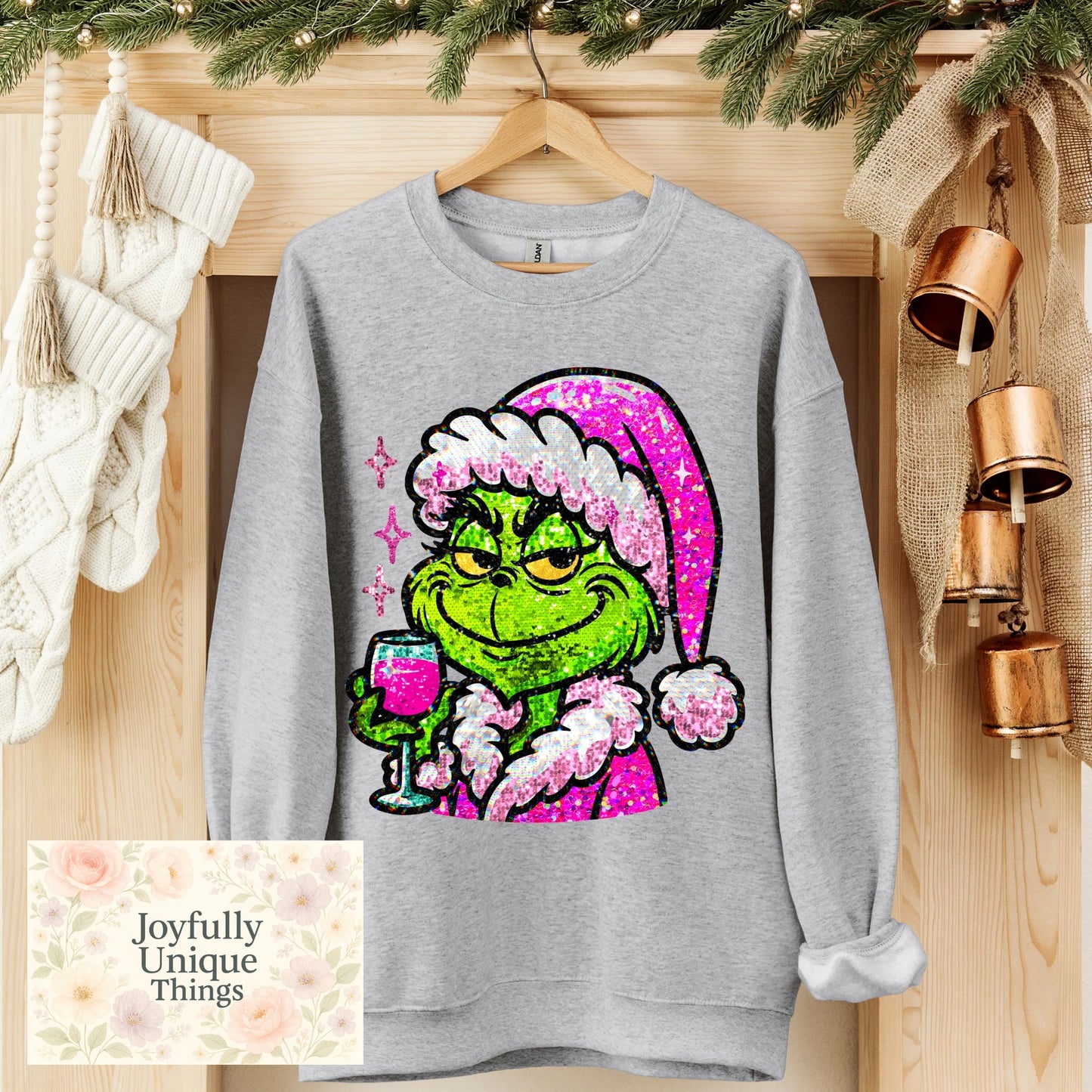 Short Sleeve T-Shirt Christmas Wine Drinking Glitter Grinch Gman