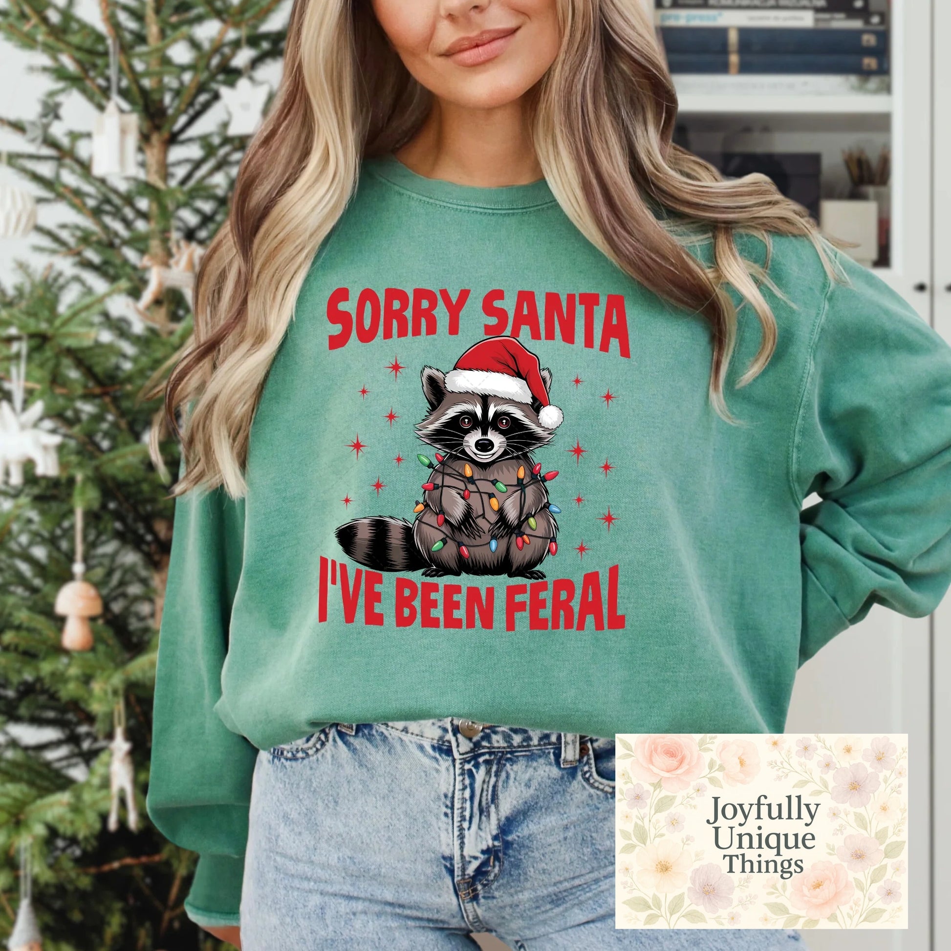 Short Sleeve T-Shirt Christmas Lights Santa Hat Raccoon Trash Panda Sorry Santa I've Been Feral - Joyfully Unique Things
