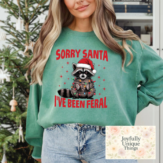 Short Sleeve T-Shirt Christmas Lights Santa Hat Raccoon Trash Panda Sorry Santa I've Been Feral - Joyfully Unique Things