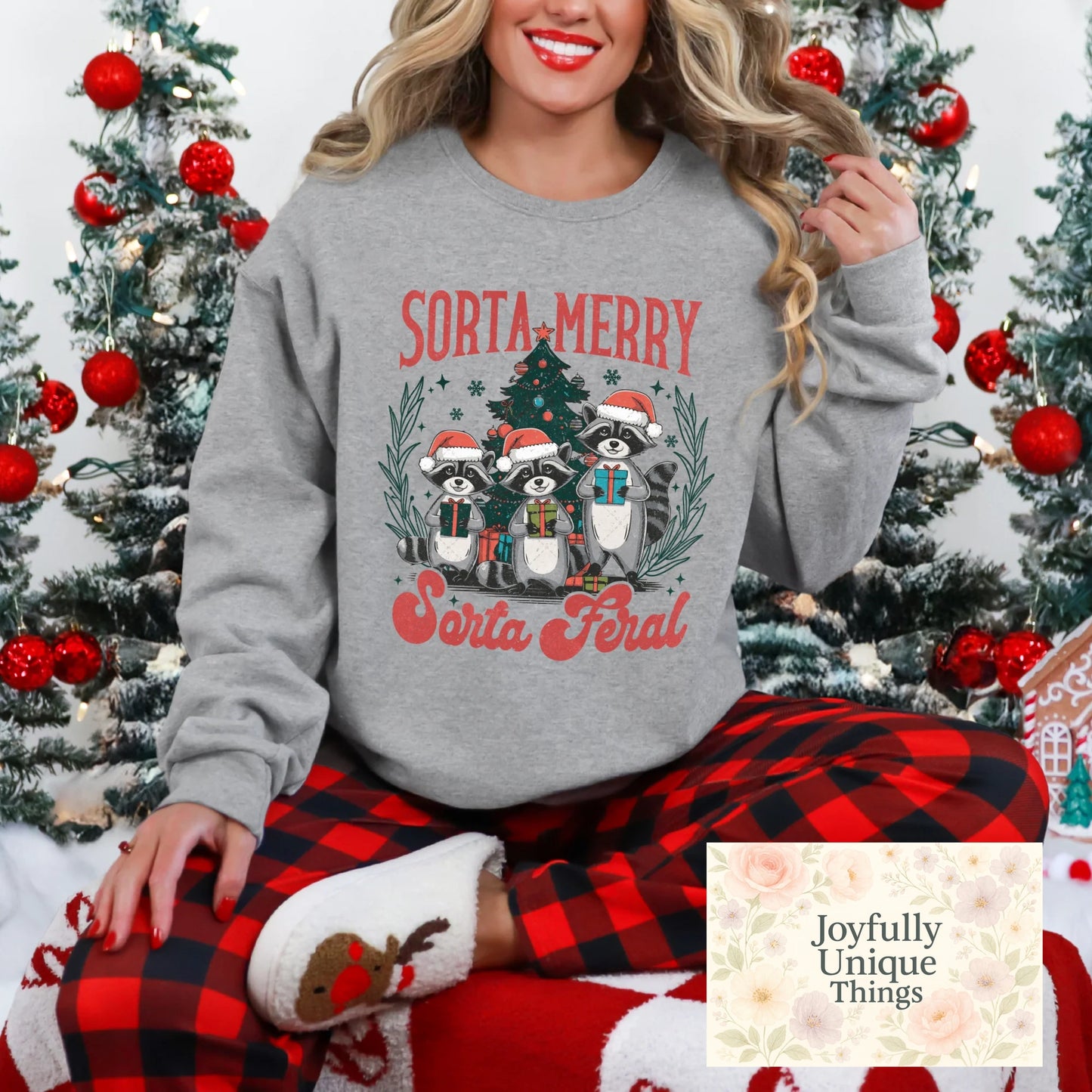 Short Sleeve T-Shirt Christmas Tree Santa Hat Raccoon Trash Panda Sorta Merry Sorta Feral