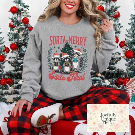 Short Sleeve T-Shirt Christmas Tree Santa Hat Raccoon Trash Panda Sorta Merry Sorta Feral