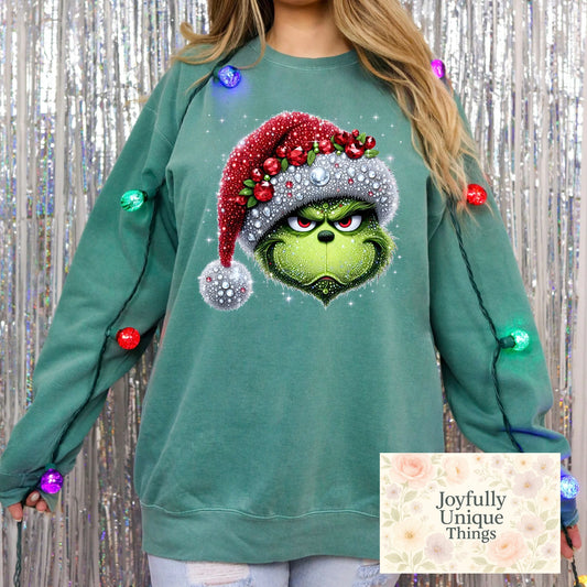 Short Sleeve T-Shirt Christmas Sequin Pearl Rhinestones Santa Hat Grinch Gman