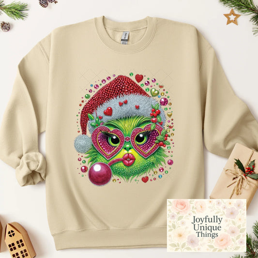 Short Sleeve T-Shirt Christmas Sequin Pearl Rhinestones Santa Hat Hearts Cherry Lady Grinch Gman - Joyfully Unique Things