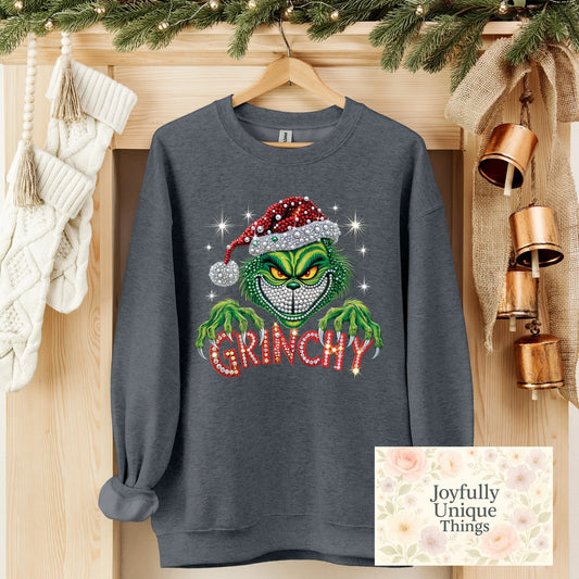 Short Sleeve T-Shirt Christmas Sequin Pearl Rhinestones Santa Hat Christmas Bulbs Grinch Gman Red Grinchy