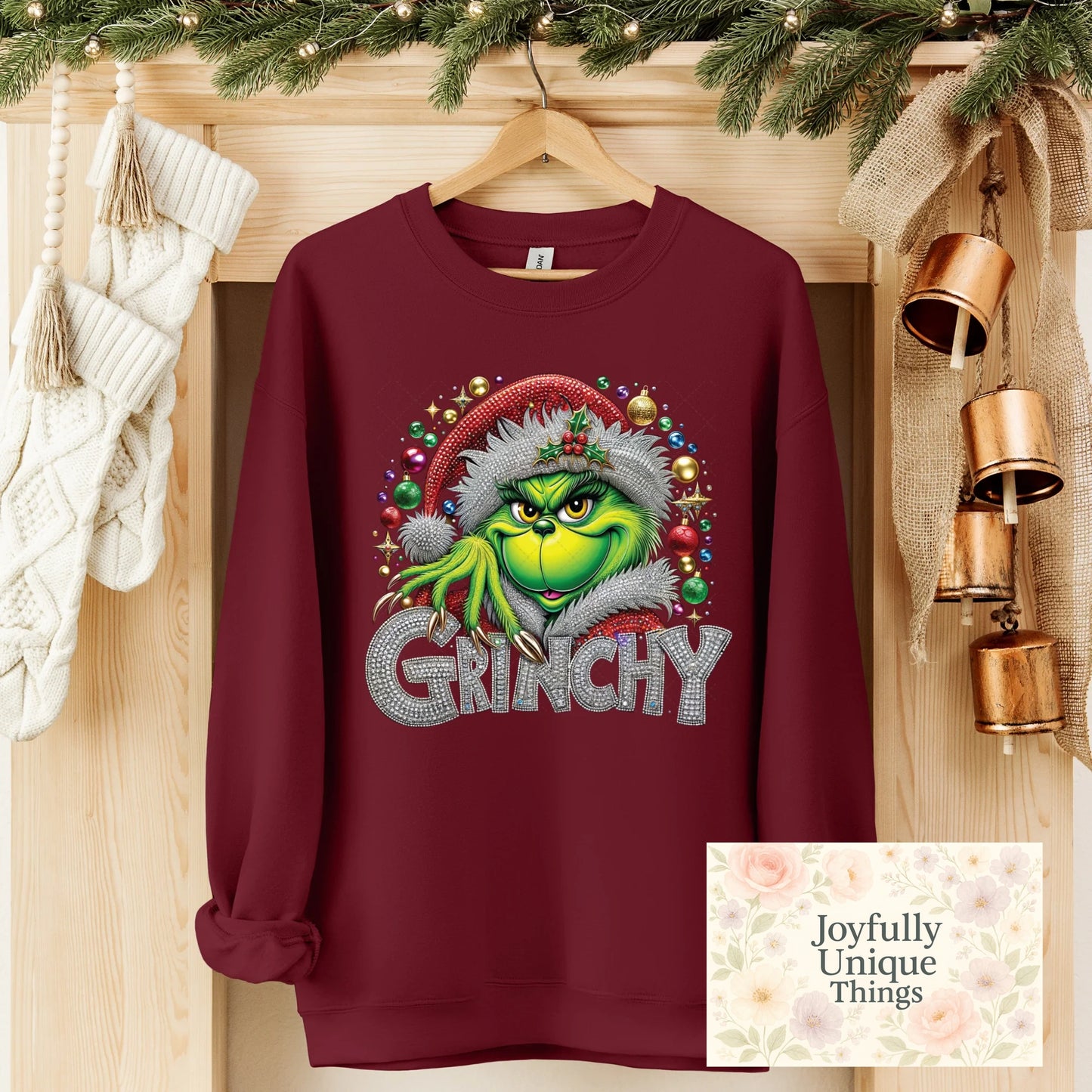 Short Sleeve T-Shirt Christmas Sequin Pearl Rhinestones Santa Hat Christmas Bulbs Grinch Gman Grinchy