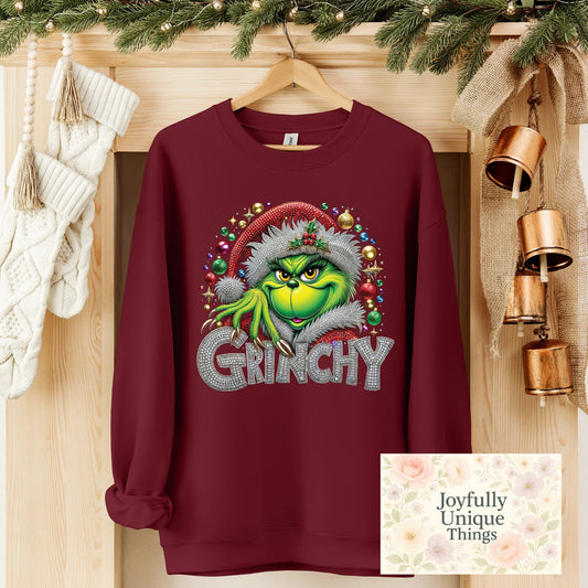 Short Sleeve T-Shirt Christmas Sequin Pearl Rhinestones Santa Hat Christmas Bulbs Grinch Gman Grinchy