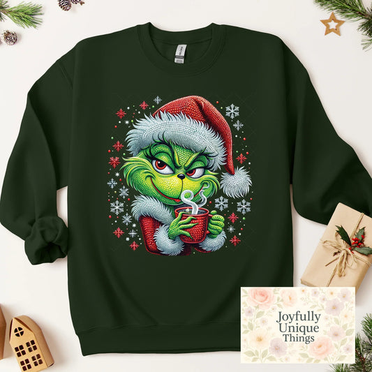 Short Sleeve T-Shirt Christmas Sequin Pearl Rhinestones Coffee Santa Hat Grinch Gman