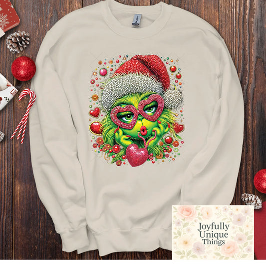 Short Sleeve T-Shirt Christmas Sequin Pearl Rhinestones Santa Hat Hearts Lady Grinch Gman - Joyfully Unique Things