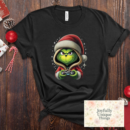 Short Sleeve T-Shirt Christmas Sequin Pearl Rhinestones Santa Hat Game Controller Grinch Gman - Joyfully Unique Things