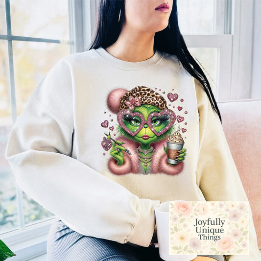 Short Sleeve T-Shirt Christmas Sequin Pearl Rhinestones Santa Hat Pink Hearts Coffee Lady Grinch Gman - Joyfully Unique Things