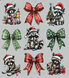 Short Sleeve T-Shirt Christmas Santa Hats Bows Presents Raccoon Trash Panda