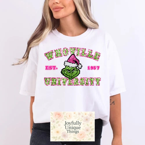 Short Sleeve T-Shirt Christmas Glitter Look Grinch Gman Whoville University