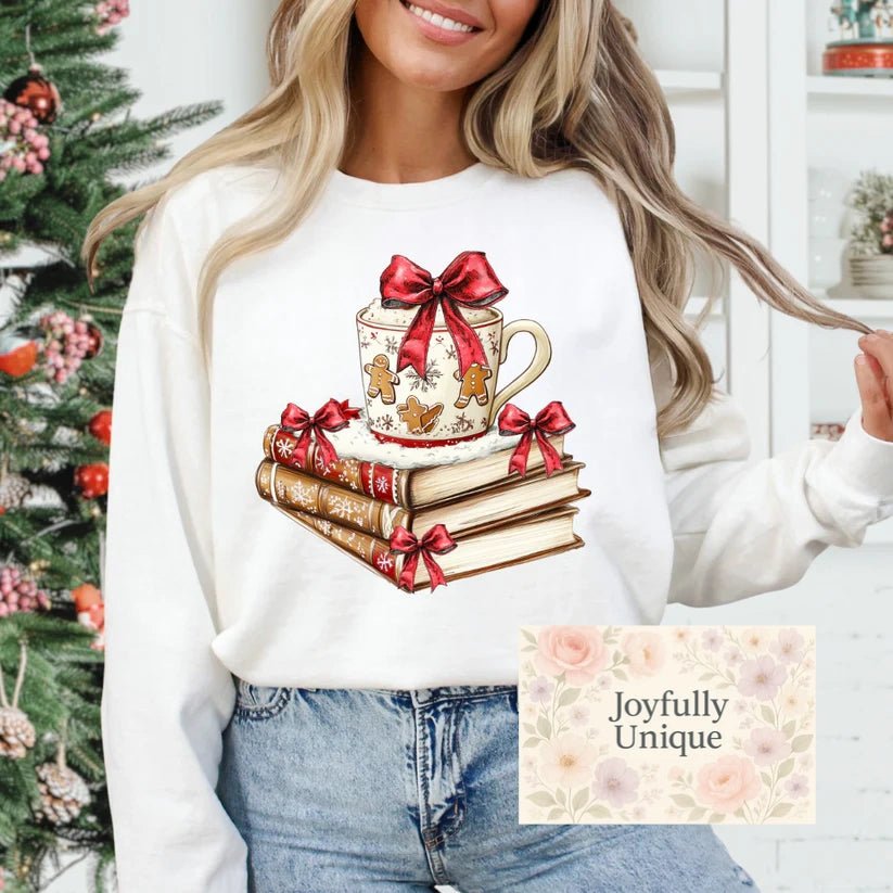 Short Sleeve T-Shirt Hot Cocoa Gingerbread Man Books & Coquette Bows - Joyfully Unique