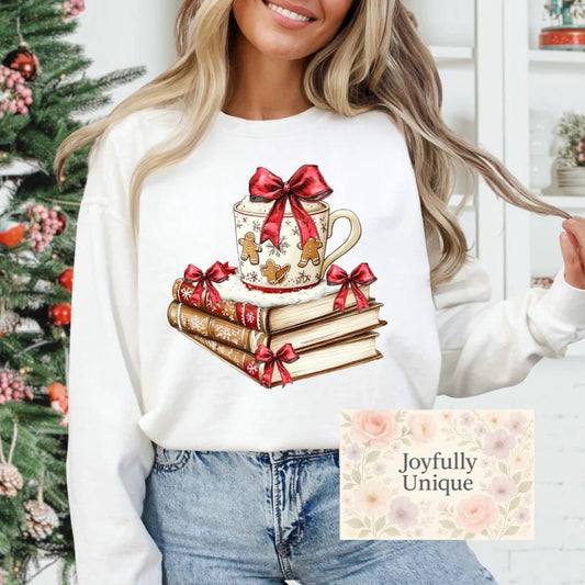 Short Sleeve T-Shirt Hot Cocoa Gingerbread Man Books & Coquette Bows - Joyfully Unique